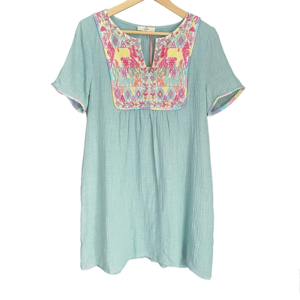 NWT Entro Blue Dress Pom Poms and Embroidered  Detailing Small